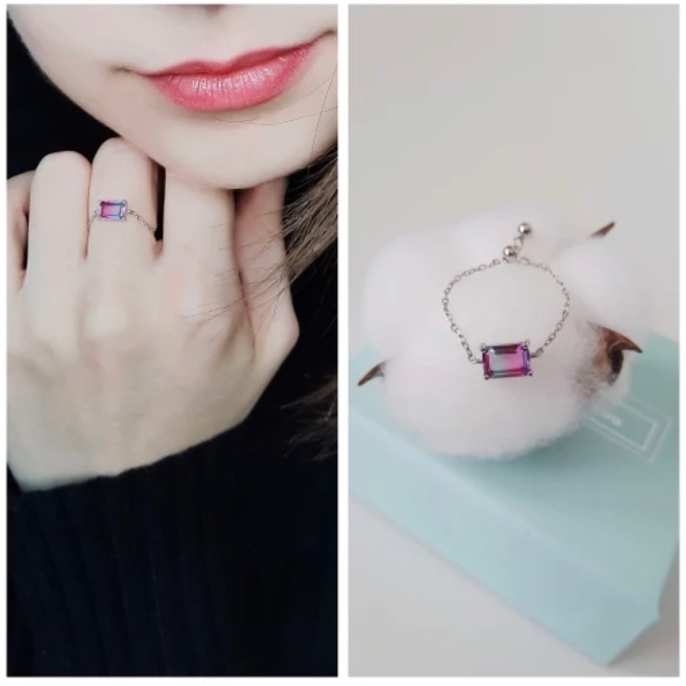 Fairy Dust Tourmaline Pink Blue Ombre Emerald Sterling Silver S925 Chain Ring